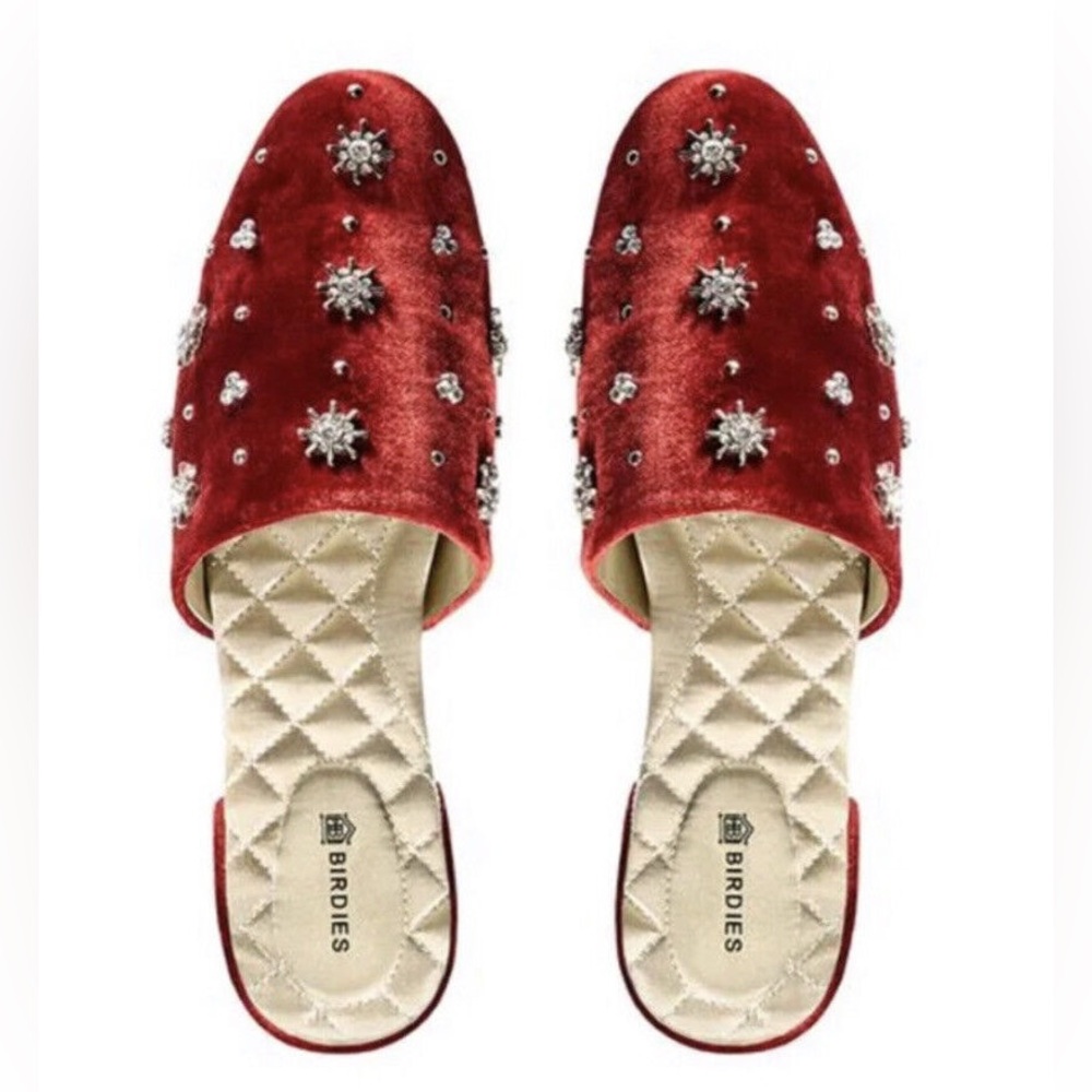 NWOT Birdies Embellished Red Velvet Mules
